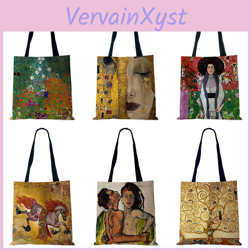 Painting Oil Linen Customized Tears Cloth Tote Bags For Women Gustav Klimt Ladise Fashion Handbag Large Capacity Shopping Totes