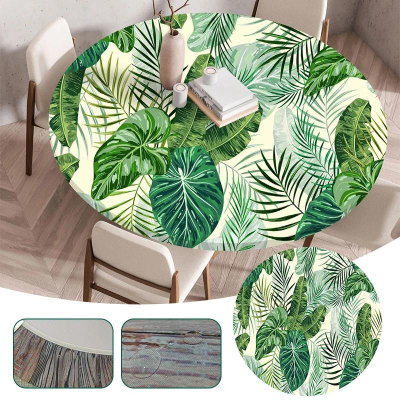 Waterproof Elastic Table Cover 60/90/100/120Cm Green Round Oil-Proof Tablecloth for Kitchen Dining Wedding Party Home Decoration