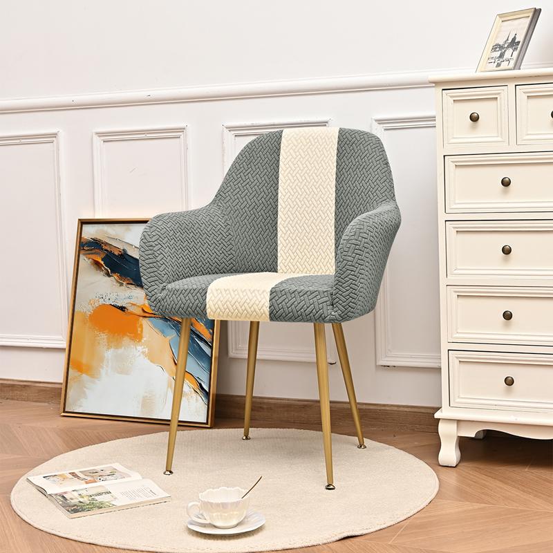 Universal Stretch Jacquard Chair Slipcover for High Armrest Dining Chairs Elastic Color Block Curved Back Home Decor