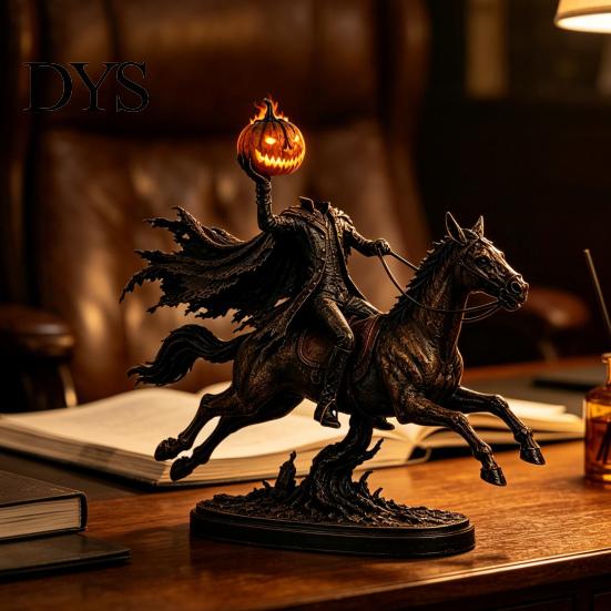 Einzigartige Weihnachtsgeschenke Beleuchtete Kopflose Reiter Statue, Aufleuchtendes Reitpferd Warmer Dunkler Horror Stil Dekorationen Leuchtende LED Kürbiskopf Skulptur