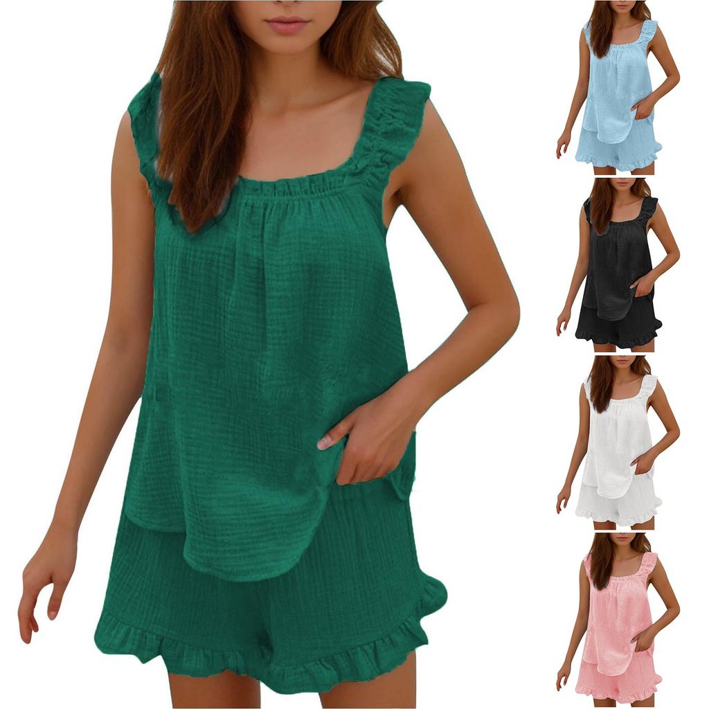 Dvoudílné oblečení pro ženy Letní roztomilé volánkové tílko bez rukávů a šortky Soupravy společenského oblečení