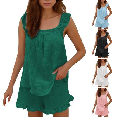 Conjuntos de Duas Peças para Mulheres Verão Fofo Regata Sem Mangas com Babados e Shorts Conjuntos de Roupa de Descanso