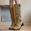 Sheepskin Version~ Retro Belt Buckle Tall Knight Boots Thick Heel Thin Western Cowboy Boots Women's Knee Boots