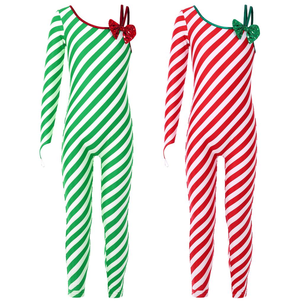 Girls Christmas Candy Cane Striped Unitard One Shoulder Long Sleeve Jumpsuit Ballet Dance Performance Costume