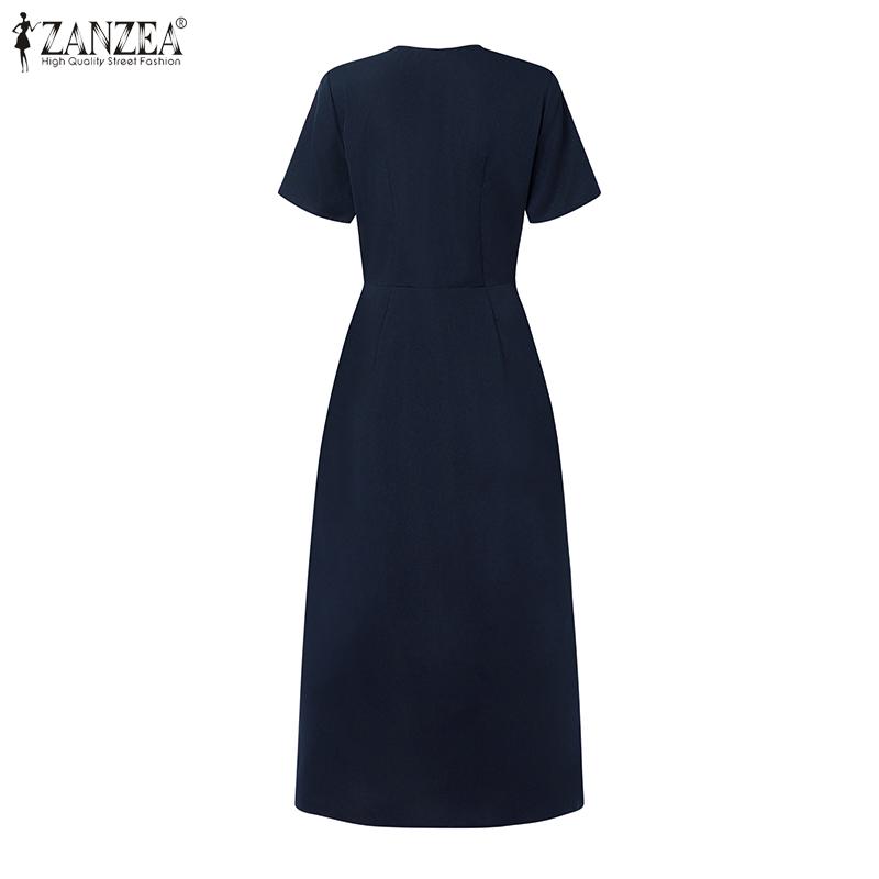 ZANZEA Women Casual V-Neck Solid Color Summer Short Sleeve Dress