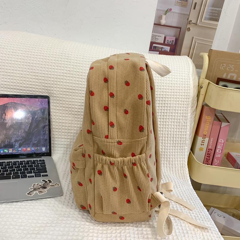 Cord-Rucksack mit Erdbeer-Print im College-Stil für Schüler, Schultasche mit großem Fassungsvermögen