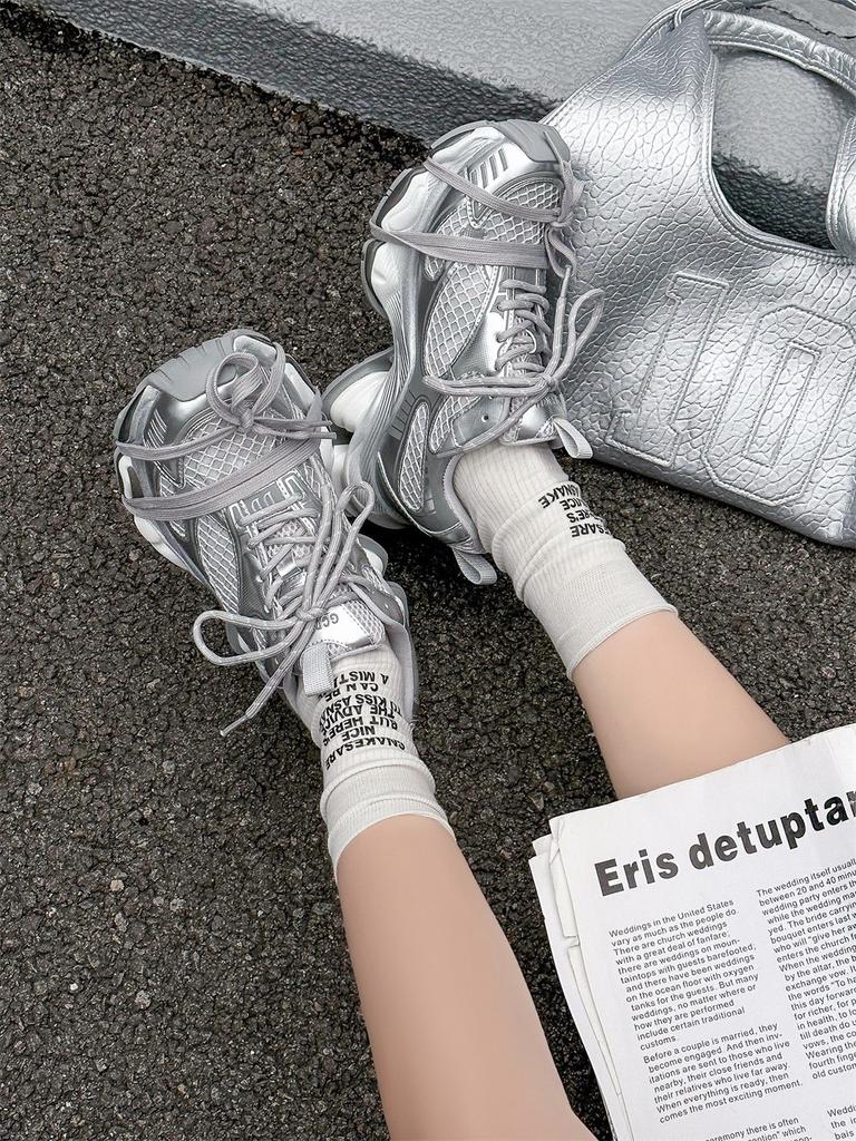 Lin Yun platform dad shoes women's new mesh versatile height-increasing silver casual sports shoes