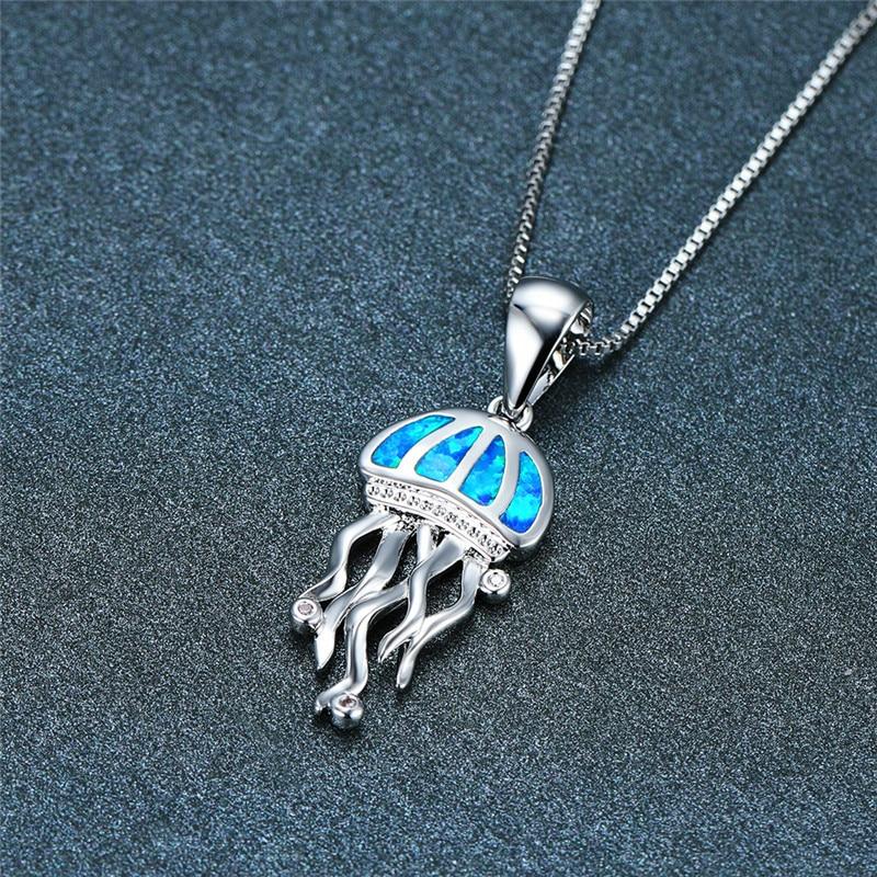 

Huitan Blue Imitation Opal Jellyfish Pendant Necklace for Women Copper Color Fancy Female Holiday Necklace Gifts Boho Zircon 40cm 5cm