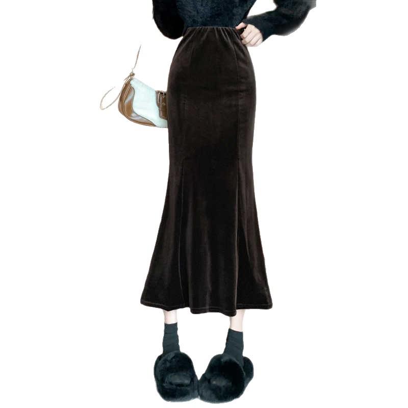 830 Composite Super Soft Black Gold Velvet High-Waist Fishtail Skirt - Women's Retro Slimming Mid-Length Hip-Hugging Skirt