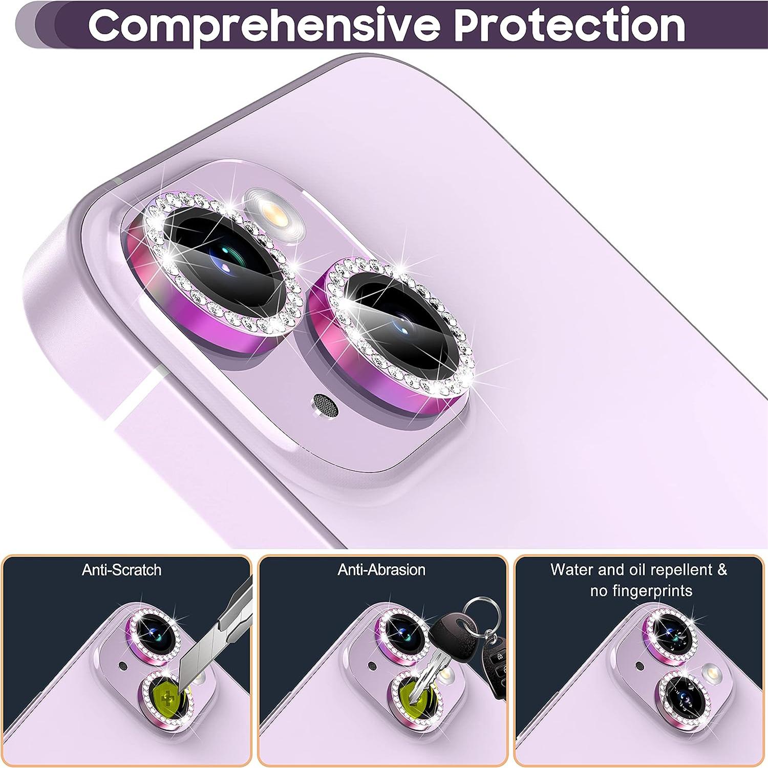 

For iPhone 15/15 Plus Bling Rhinestone Camera Lens Protector Set Colorful Metal Ring Tempered Glass Lens Film Type A