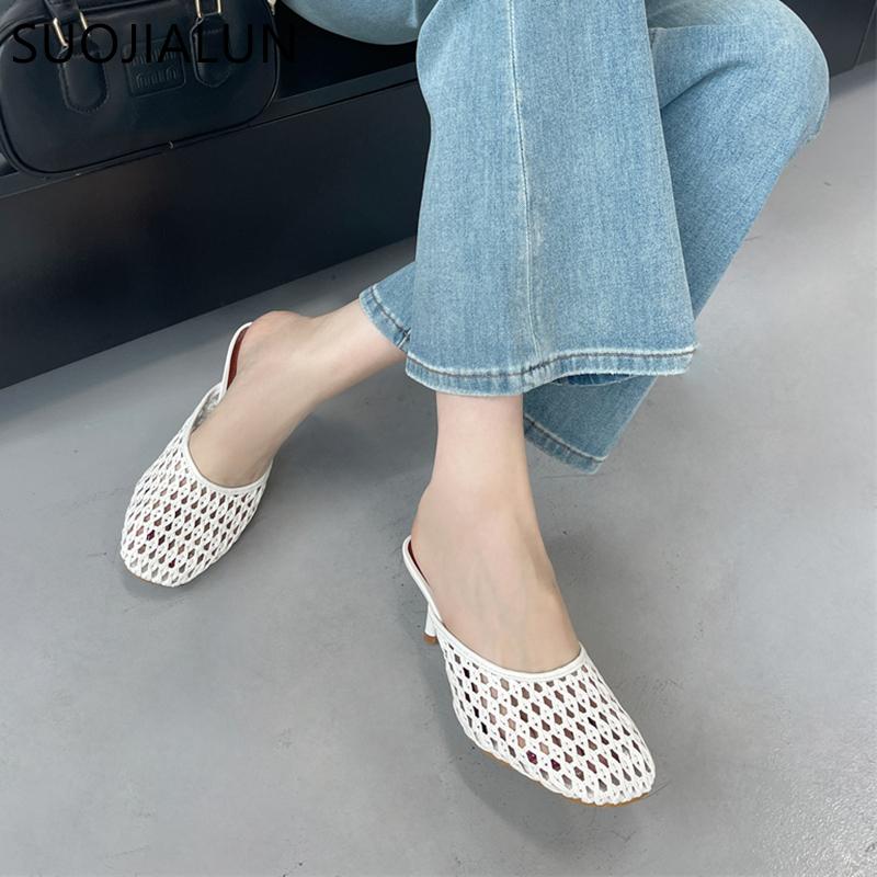 Fashion SUOJIALUN 2025 New Brand Women Slipper Ladies Elegant Round Toe Slip On Mules Shoes Fashion Weave Thin High Outdoor Dress Sandal