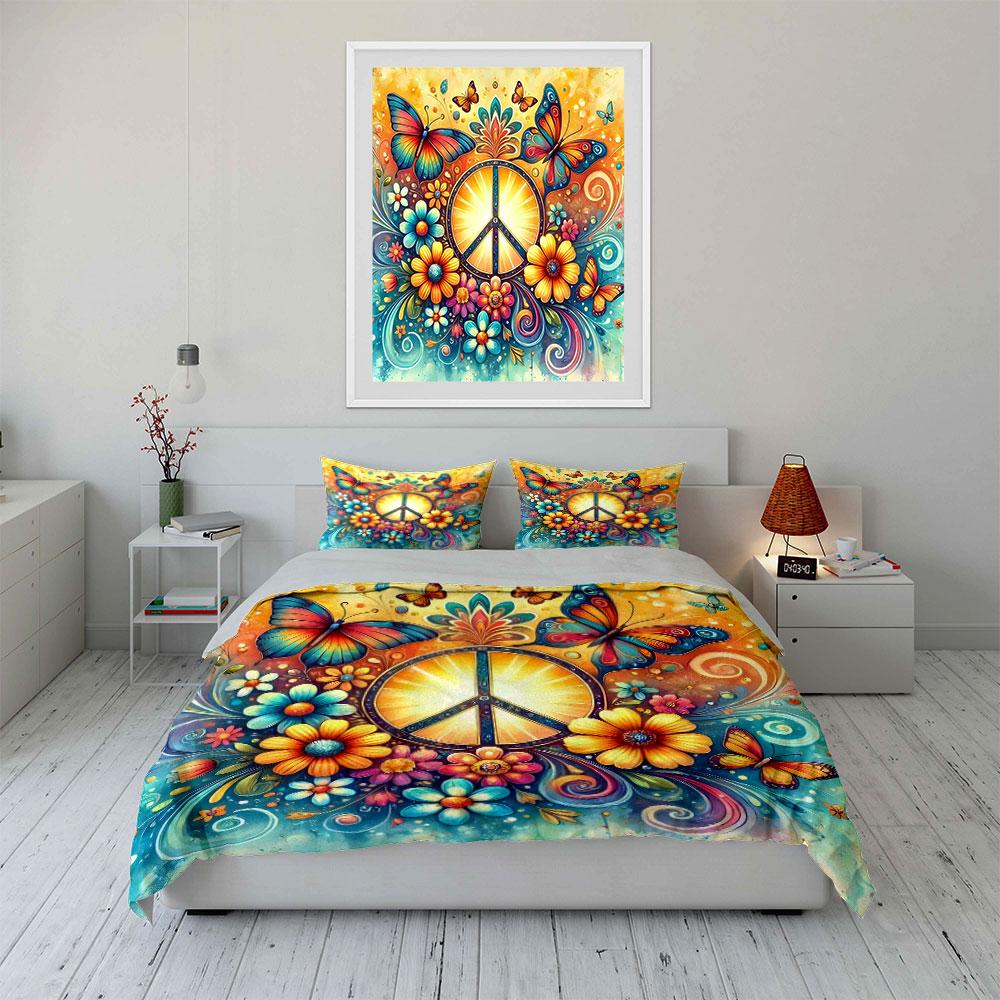 Bohemian Peace Symbol Art Set Multiple Sizes Kid'S And Adults' Bedroom Exquisite 3Pc Bedding Set, Gift