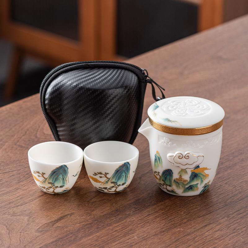 High-end Hand-painted Suet Jade Porcelain Travel Tea Set, One Pot and Four Cups of Boutique Teapot Teacup Outdoor Portable Gifts