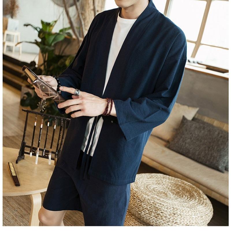 Men Chinese Style Retro Japanese Loose Open Front Cardigan Jacket Summer Outerwear