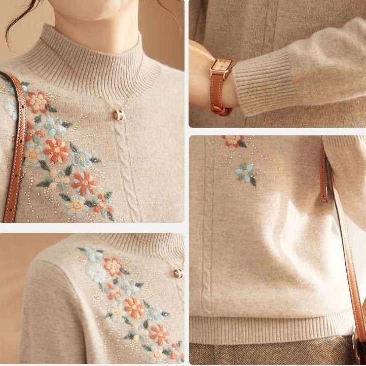 Women's Wool Sweater Round Neck Embroidery Knit Sweater Loose Plus Size Sweater Short Pullover Knitwear Spring Fall Winter