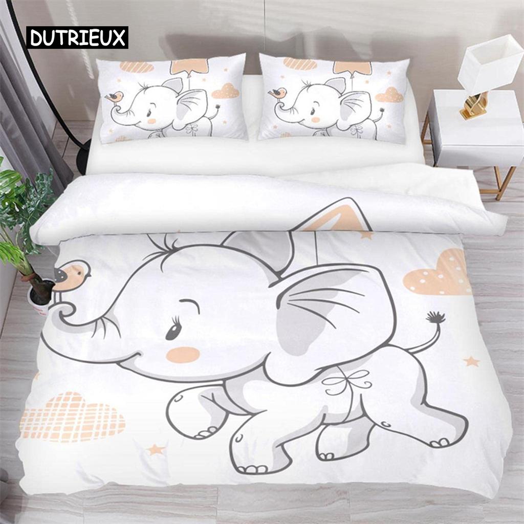 Kids Cartoon Elephant Duvet Cover Lovely Animal Theme Bedding Set Full For Girls Boys Kawaii Room Decor Microfiber Quilt Cover