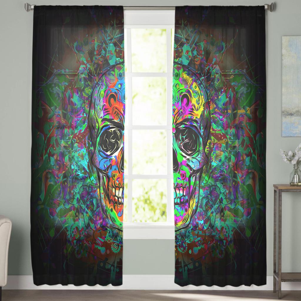 Colored Skull Art Window Treatment Tulle Modern Sheer Curtains for Kitchen Living Room the Bedroom Curtains Decoration