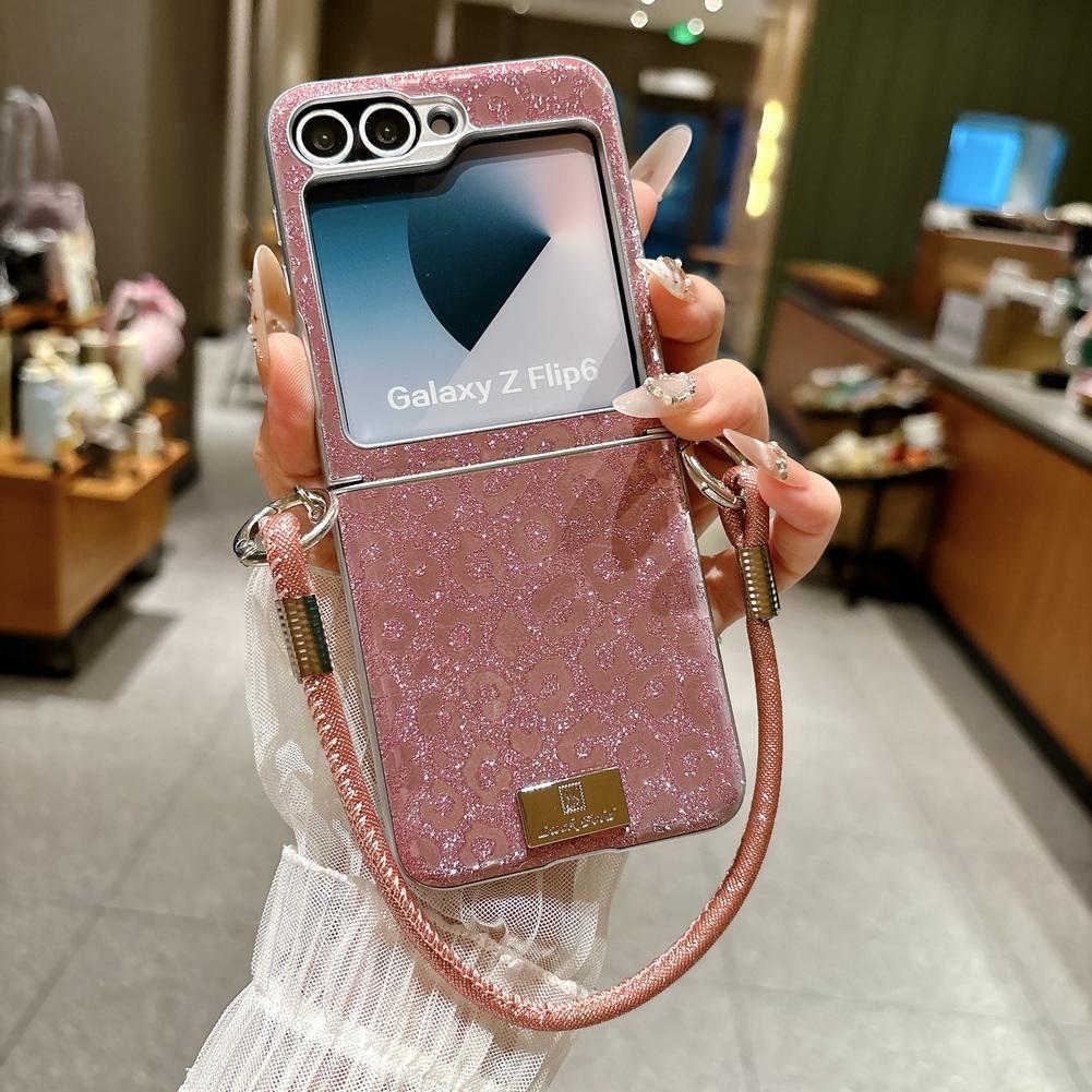 Shimmering Leopard Print Phone Case for Samsung Z Flip 8 flip7 fe Galaxy Z Flip 7 6 5 Silver-edged Side Buckle Protective Cover