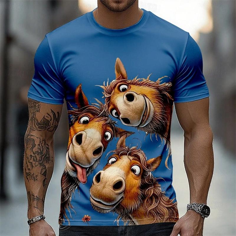 Cartoon Anime Horse Graphic T-shirt For Men Funny Casual 3D Animal Print O-neck Breathable Tee Shirts Summer Daily Leisure Tops