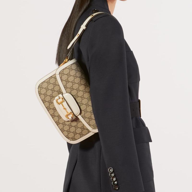 Gucci Horsebit 1955 Vintage Logo Canvas And Leather Saddle Bag Women Shoulder Bag Ebony White 602204-92TCG-9761