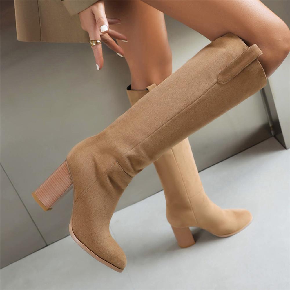 Women Long Boots Knee High Booties Ladies Shoes Platform Thick Heel Flock Zipper Woman Fashion Autumn Winter Black Brown