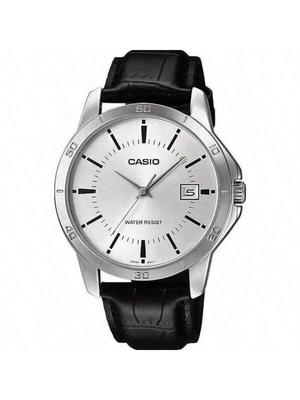Men's Quartz Watch with Metal Case and Leather Strap MTP-V004L-7A