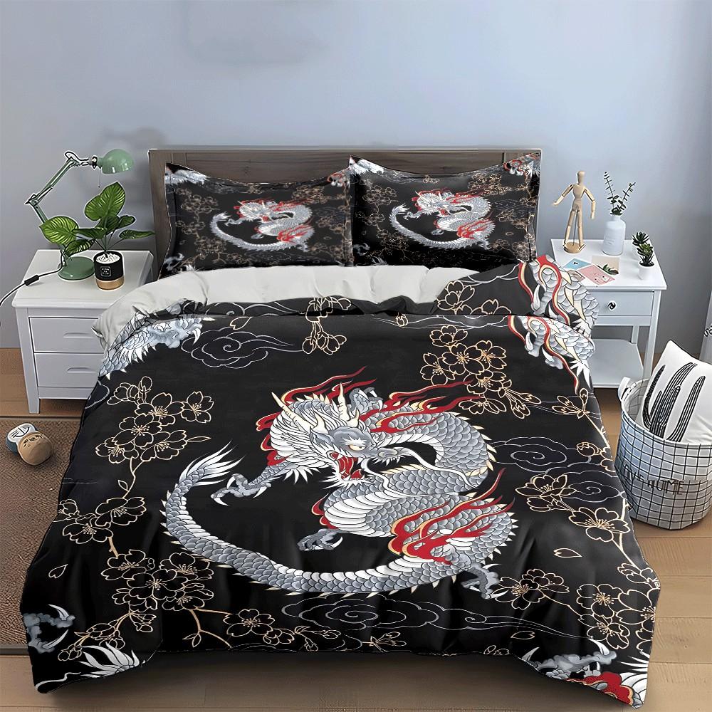 "Dragon Pattern Three-Piece Set For Decor" Exquisite Three-Piece Bedding Set Gift For Kids And Adults