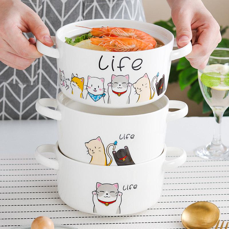 Creative binaural ceramic instant noodle bowl with lid Large soup bowl Household soup basin Single student dormitory rice bowl Salad bowl