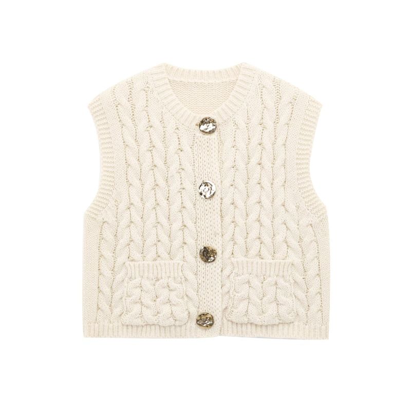 Kaslead New Women Clothes Western Style Fashion Simple and Versatile Twist Gold Button Thick Needle Vest