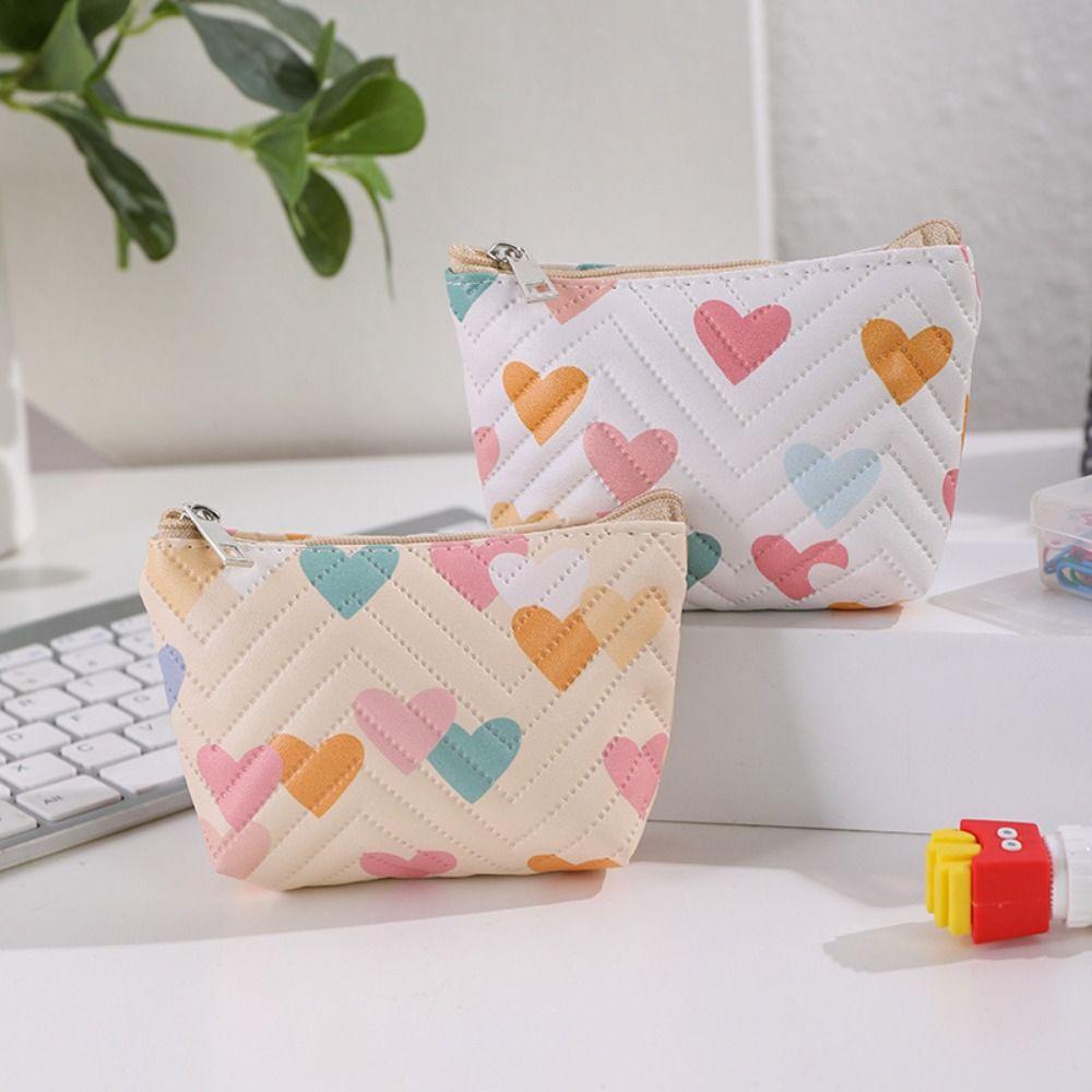 Multi-functional PU Leather Coin Purse Heart Patterns Zipper Closure Mini Wallet Small Makeup Bag Home Travel Lipstick Holder