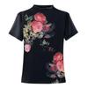 Women's Black Rose Print Mesh Top Short Sleeve Mock Neck Slim Fit Casual Blouse