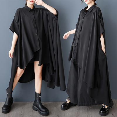 DIMANAF 2025 Plus Size Zomer Dames Blouse Korte Mouw Asymmetrisch Casual Lange Zwarte Overhemden Losse Tops T-shirts