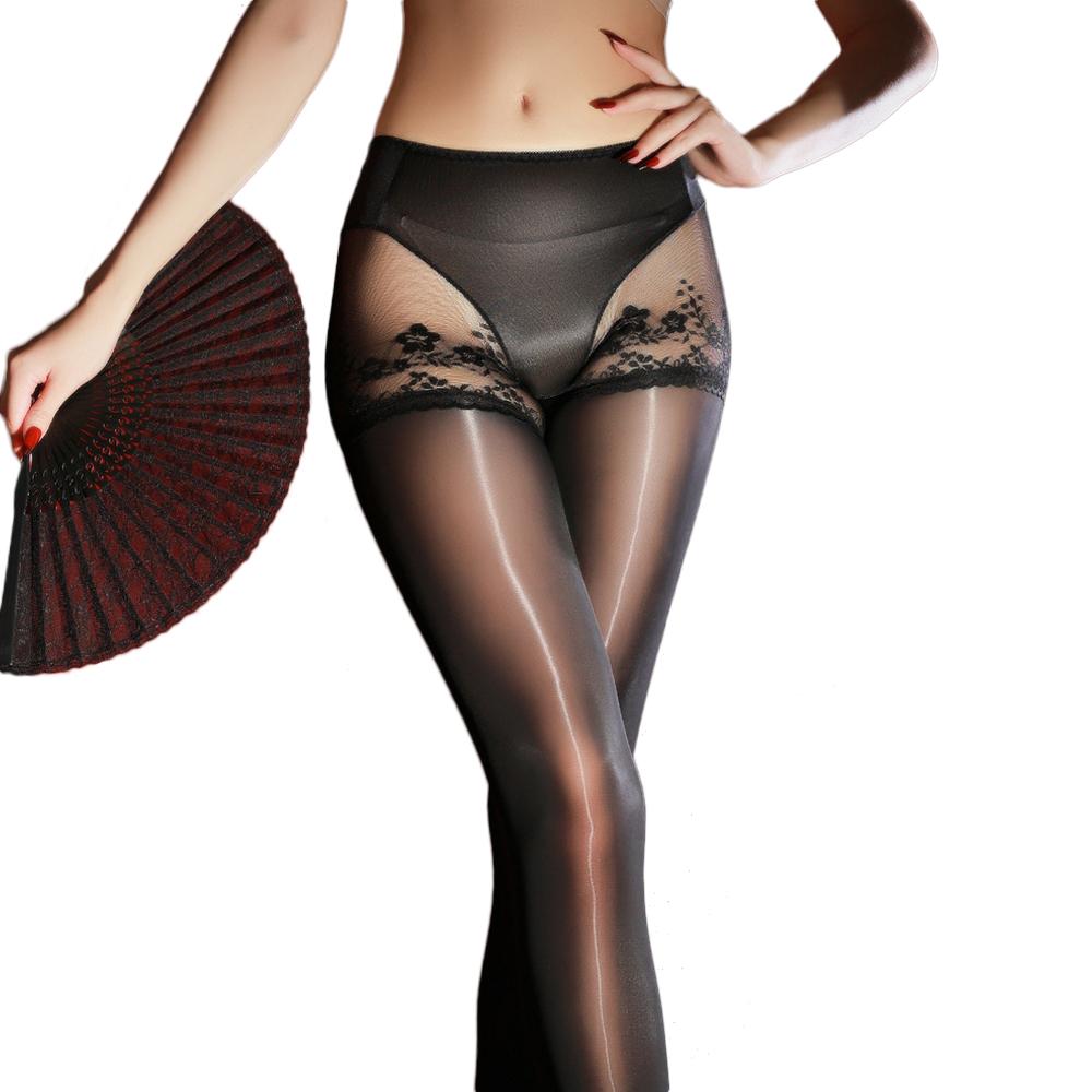 Sexy Women Briefs Pantyhose 2 In 1 Lace Oil Glossy Shiny Stockings Sheer See Through 5D Vintage Yoga Shaping Maid Tights