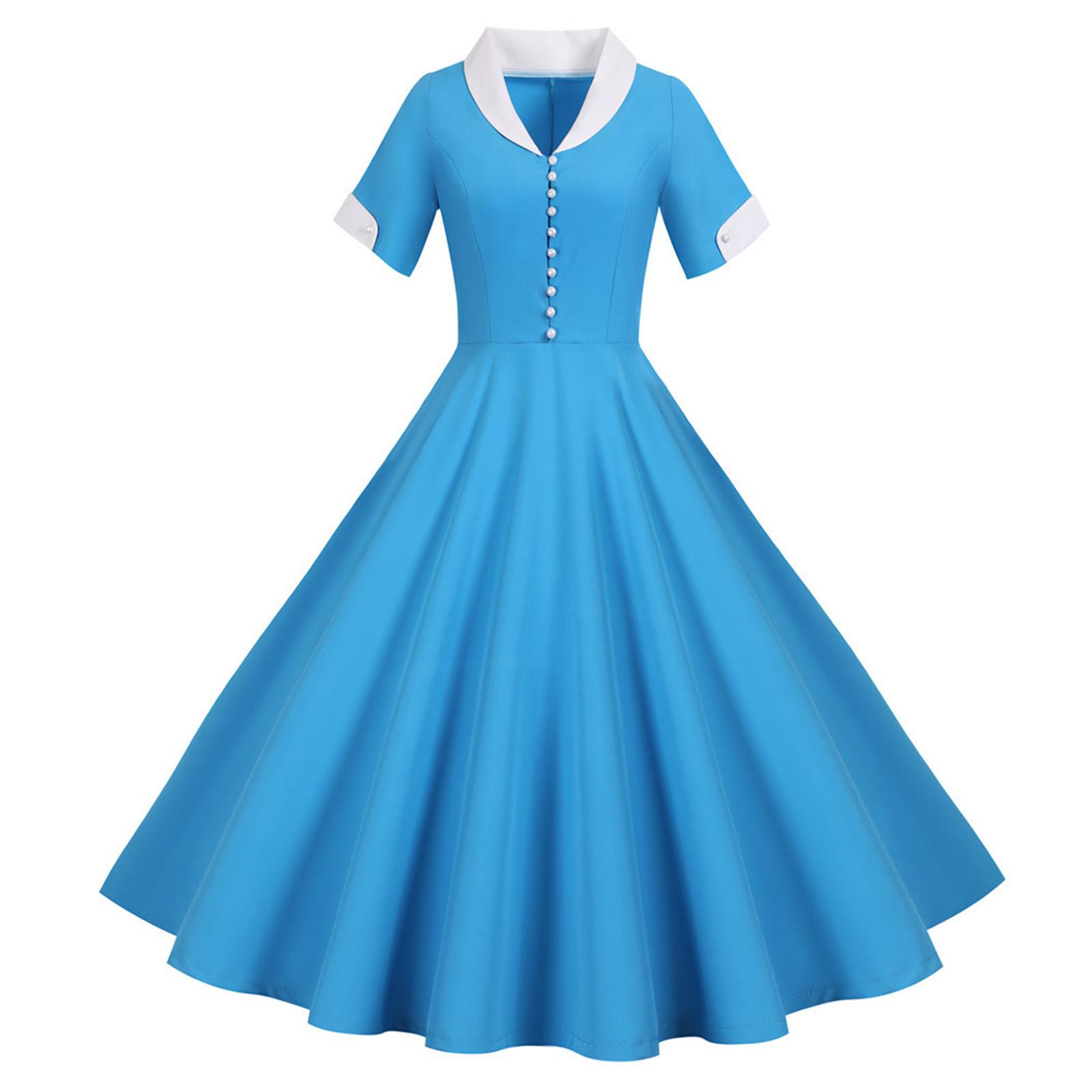 

Женская мода повседневная тонкая однотонная винтажная с коротким рукавом и воротником большого размера платья L синий