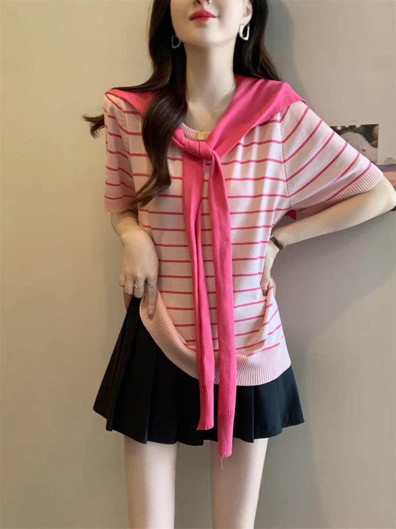 Women s Plus Size Striped Two-Piece Summer Set: Short-Sleeve T-shirt with Shawl Knit Top XXL