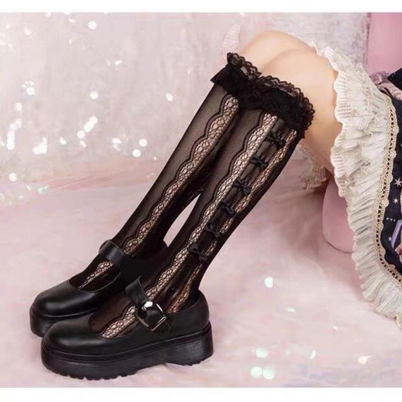 Female Spring and Summer Thin Model Bow Hollow Lace Lace In The Tube Stack Socks
