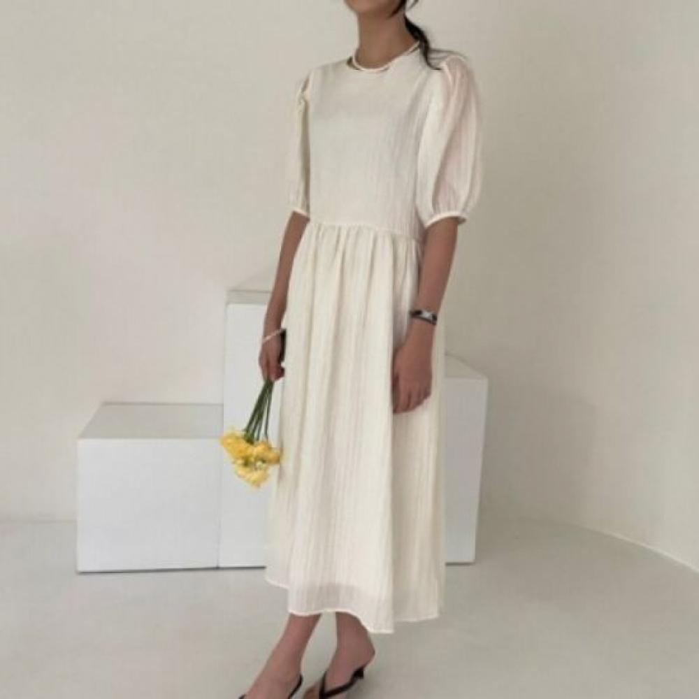 Mizqz Loose Fit Wrinkle Puff Shirring Long Dress With Back Button 3color
