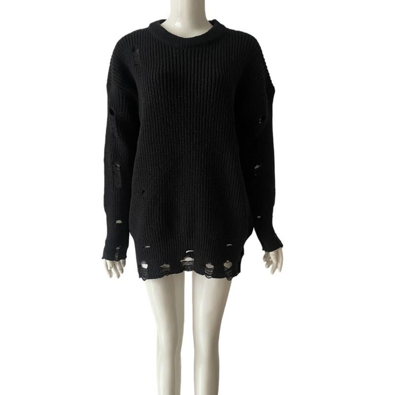 Womens Oversized Knit Sweater Dress Loose Fit Round Neck Solid Color Long Sleeve Mid-Length Pullover Winter