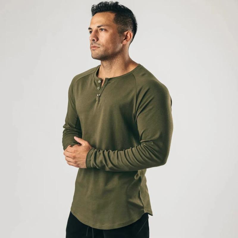 Spring and Summer Men's Long Sleeve Henley Sports Casual Cotton Stretch V-Neck Button Thin T-Shirt