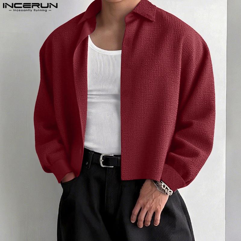 INCERUN Men Turn Down Collar Long Sleeve Loose Casual Texture Shirts Tops