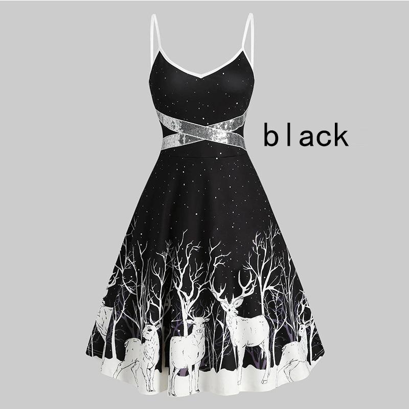 New Fashion Women Christmas Autumn and Winter Fashion Christmas Elk Printing Spaghetti Strap Sequins Party Dresses V Neck Tunic Christmas Swing Dress
