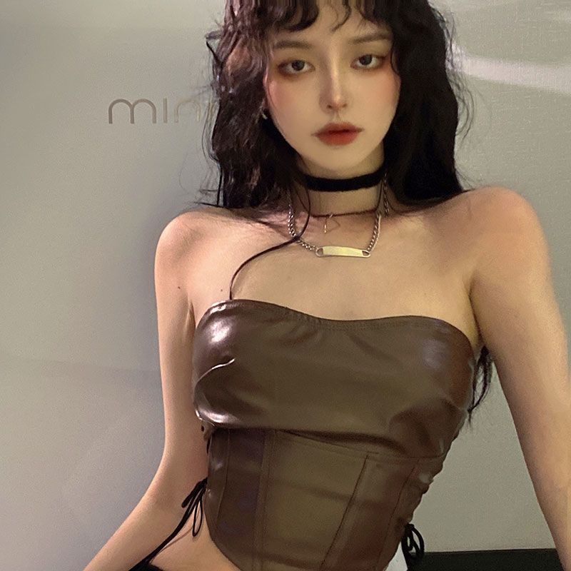 Women's Black Faux Leather Strapless Top Lace-Up Side Corset Crop Top