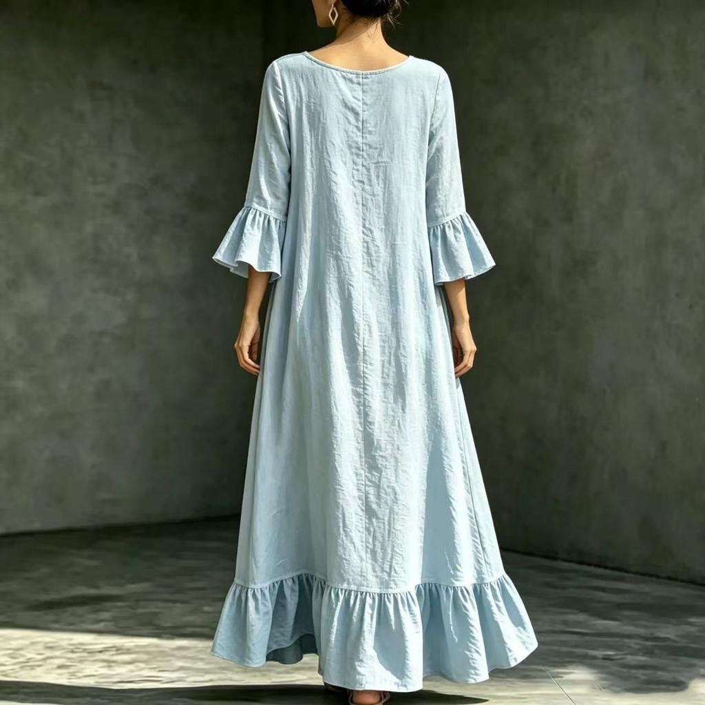 Women Round Neck Bell Sleeve Ruffle Hem Maxi Dress with Pockets Solid Color Casual Loose Fit Dress