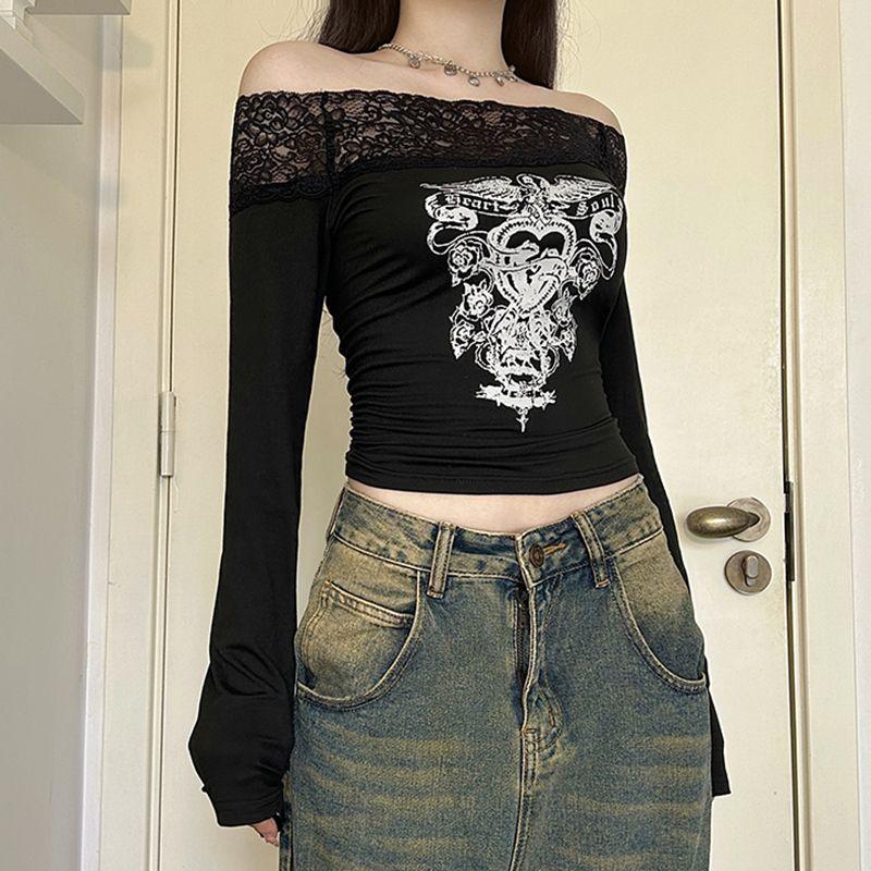 Gothic Print Cropped Top Black Lace Stitched Off-shoulder Slash Neck T-shirt Women Casual Autumn Tees Y2k Aesthetic Shirt