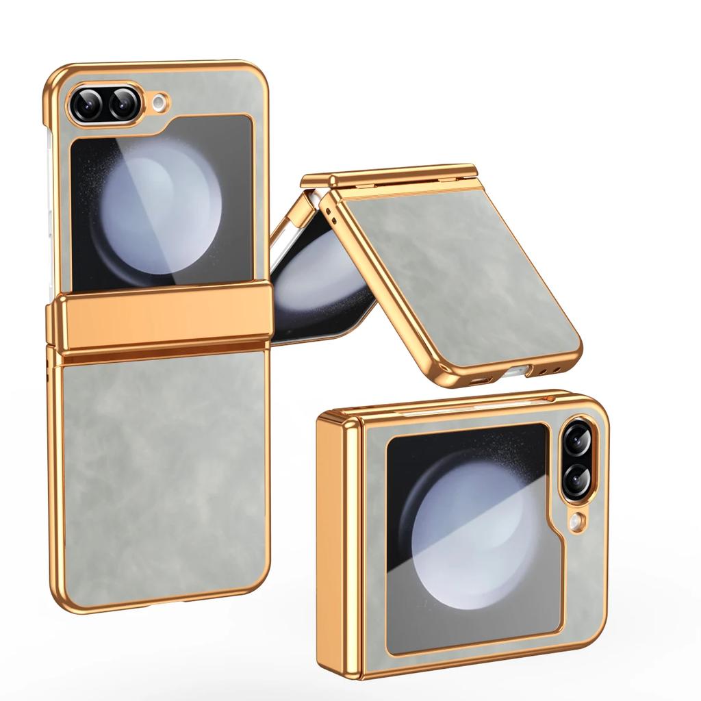 PU Leather Phone Case for Samsung Z Flip 7 fe 6 5 4 3 Flip6 Flip5 Flip4 Flip3 Hinge Protective Gold Frame Cover