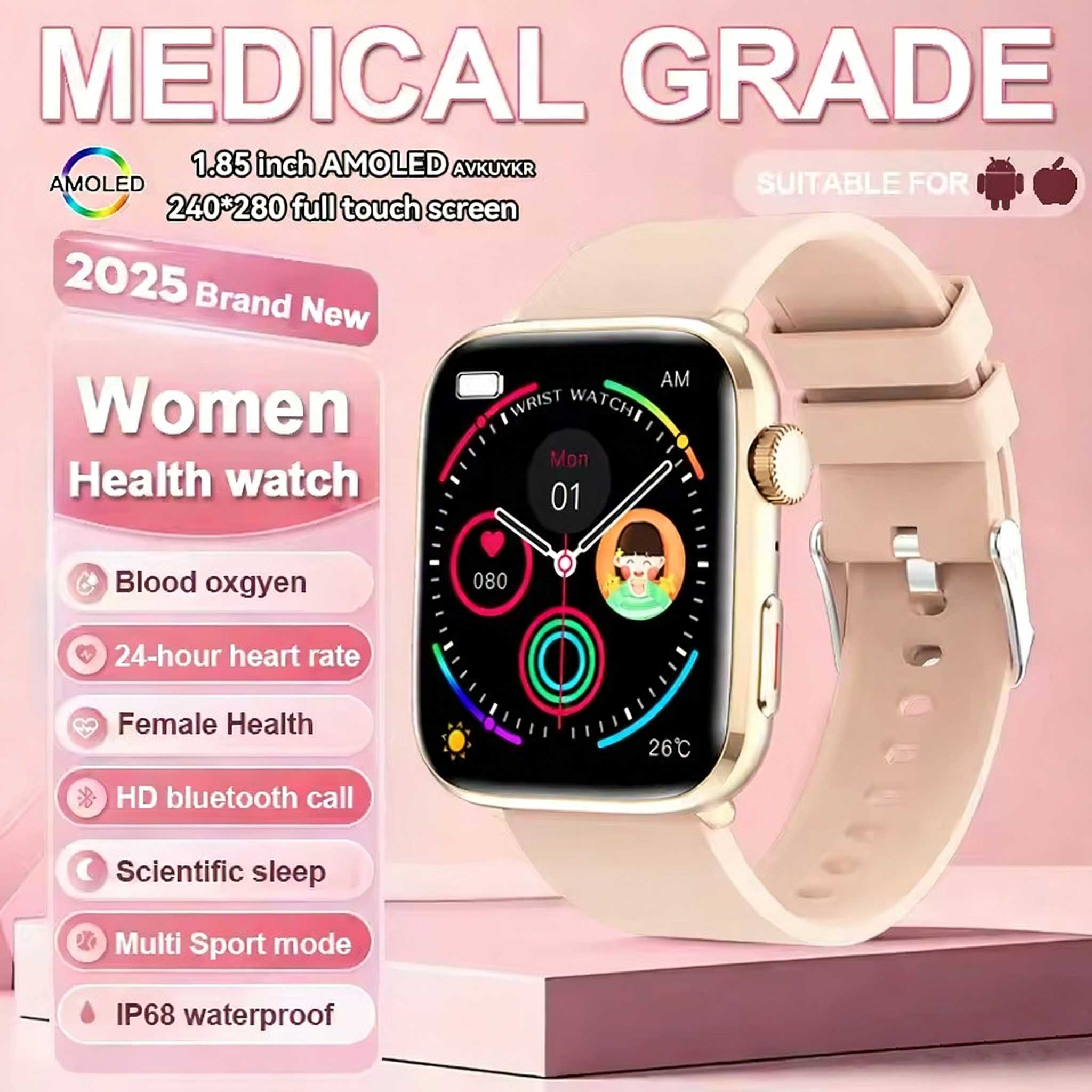 

2026 New Bluetooth Call Health Smart Watch Women 1.85-inch AMOLED Screen NFC Heart Rate Blood Pressure Sleep Lady Smart bracelet silicon золотий