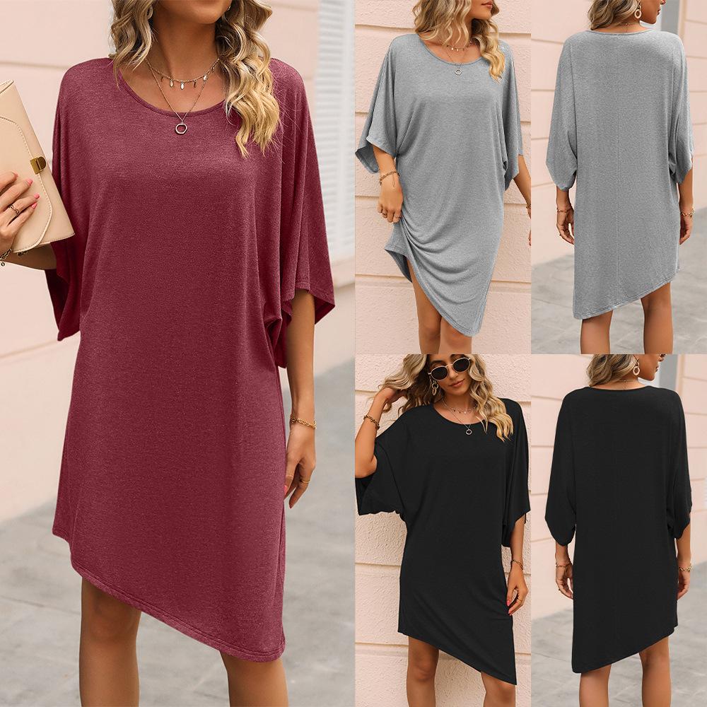 Popular round neck five-quarter sleeves medium and long, irregular skirt, casual T-shirt, loose dress.