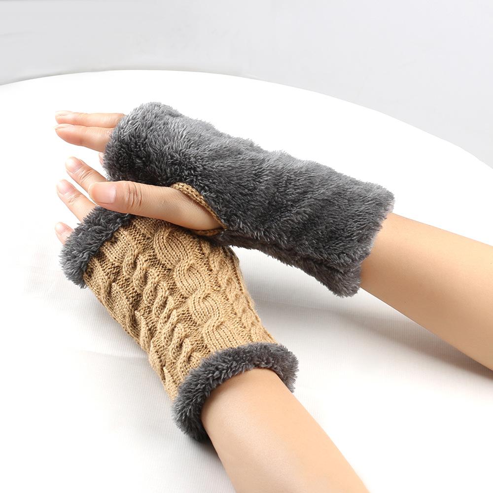 Solid Color Knitting Fingerless Plush Gloves Arm Warmers Thicked Gloves Autumn Winter Mittens For Adult
