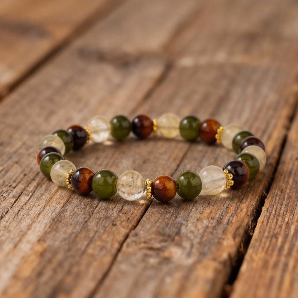 Festive Gifts Tiger Eye Green Aventurine And Rutilated Quartz Beaded Bracelet Natural Fashion Jewelry Daily Wear Simple Versatile Accessory
