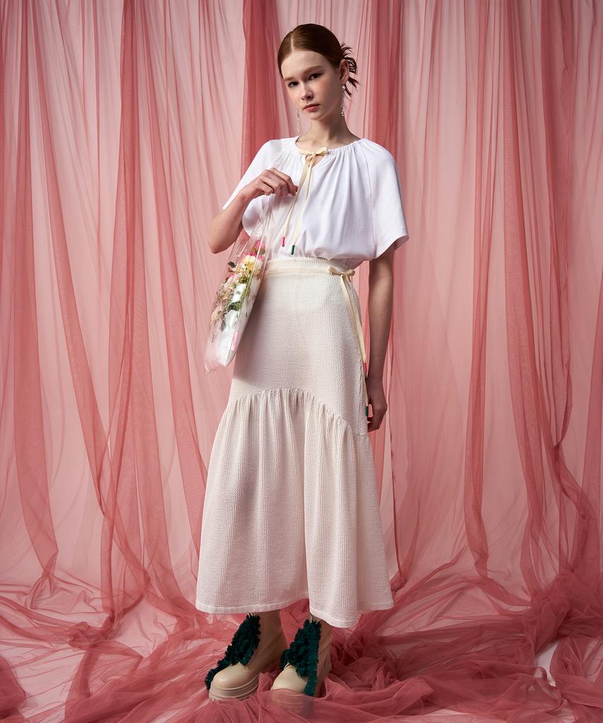 Pelimela Seersucker Flare Long Skirt (White)